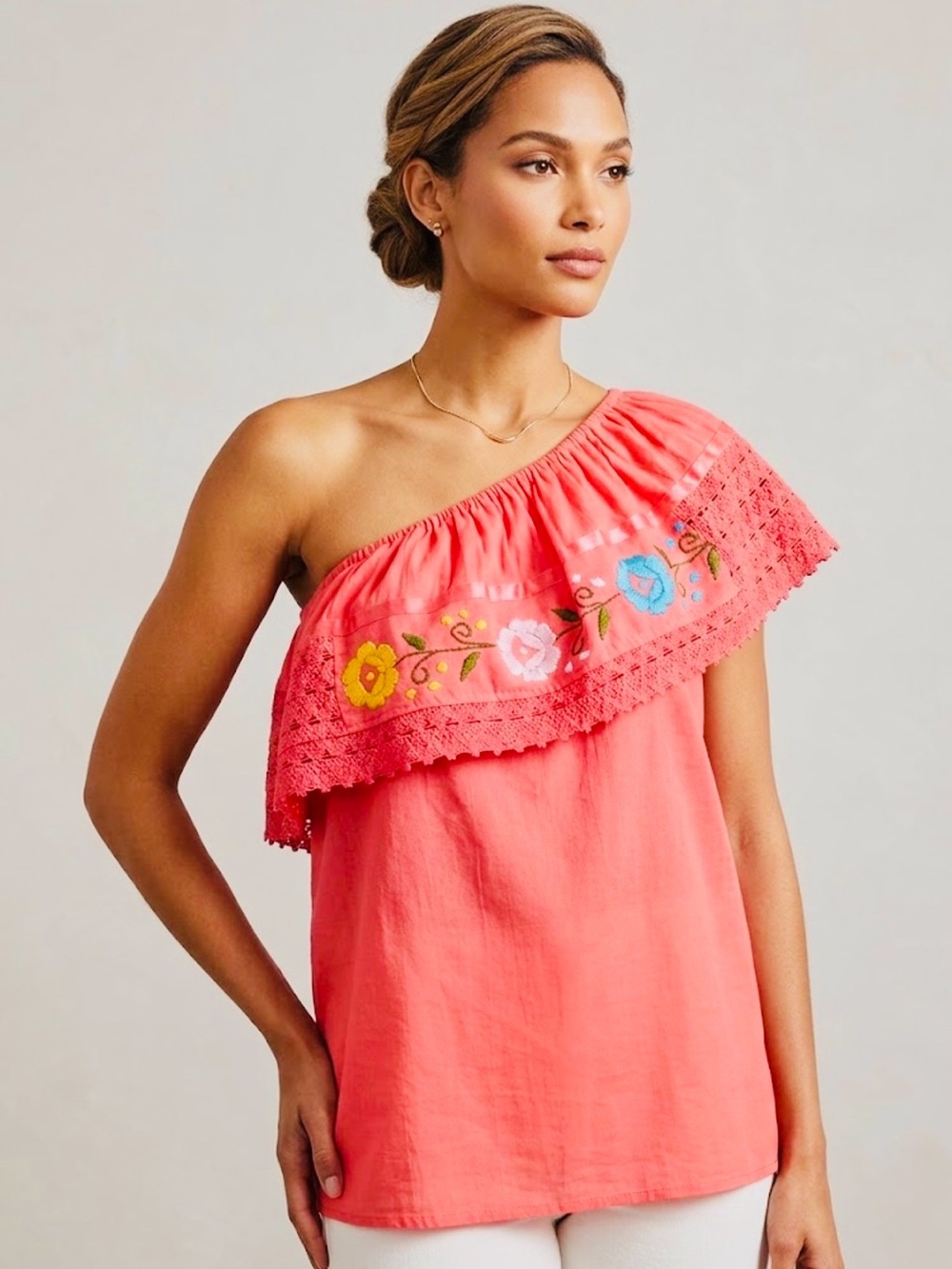 Coral Off the Shoulder Embroidered Floral Blusa | Boho One Shoulder Top M/L